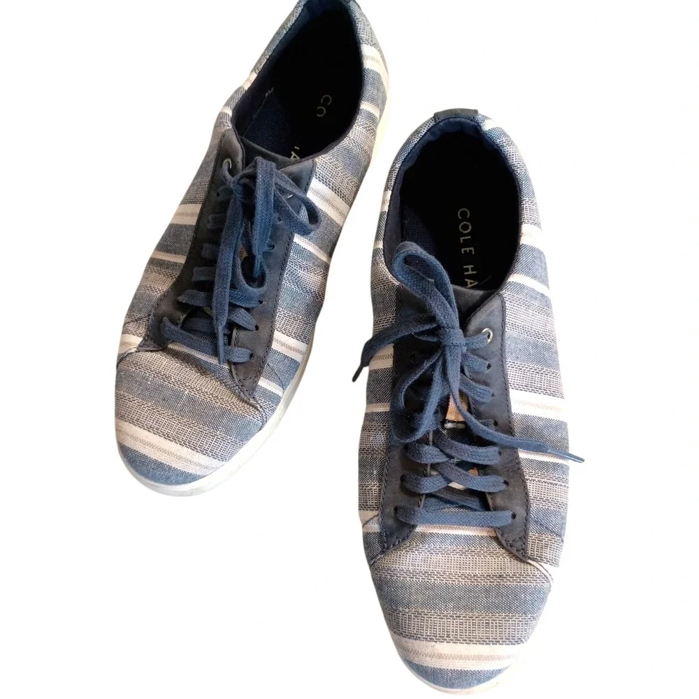 Cole Haan Grand.OS Mens Blue Striped‎ Textile Leather Trim Lace Up Sneakers 7.5